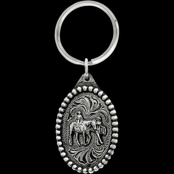 Leadline Keychain, The Leadline keychain includes a beaded border, a 3D lead line figure, and a key ring attachment. Each silver key chain is built with our white metal alloy
